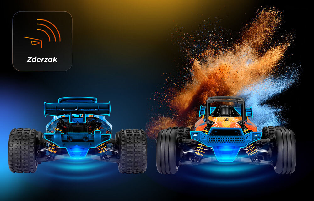 Samochód zdalnie sterowany OVERMAX X-Horizon Porównanie tyłu (po lewej) i przodu (po prawej) modelu X-HORIZON, z podświetleniem. Ikona w lewym górnym rogu informuje o przednim zderzaku (Zderzak). Tło symuluje pomarańczowo-niebieską eksplozję proszku.