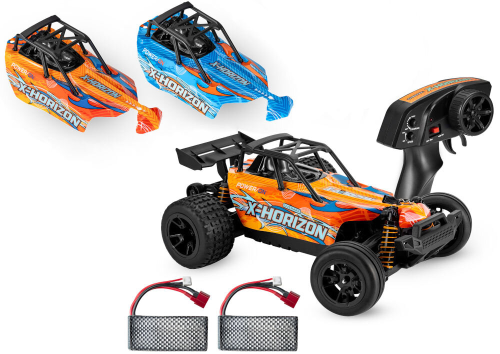 Samochód zdalnie sterowany OVERMAX X-Horizon Cały zestaw zdalnie sterowanego samochodu OVERMAX X-HORIZON. Zawiera on główny model w pomarańczowo-niebieskim malowaniu, zapasową niebieską obudowę, pilot zdalnego sterowania oraz dwa akumulatory Li-ion.