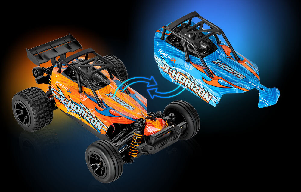 Samochód zdalnie sterowany OVERMAX X-Horizon Model X-HORIZON z zamontowaną pomarańczową obudową i obok, pod kątem, druga, zapasowa obudowa w kolorze niebieskim. Strzałki w kółko symbolizują możliwość szybkiej wymiany obudów.