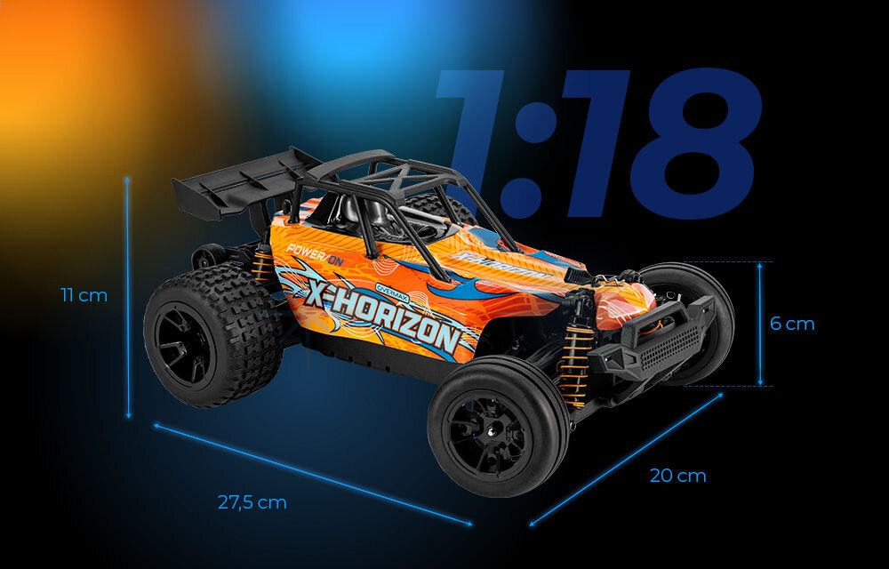 Samochód zdalnie sterowany OVERMAX X-Horizon Schematyczne przedstawienie wymiarów modelu X-HORIZON w skali 1:18. Długość całkowita 27,5 cm, szerokość 20 cm i wysokość 11 cm. Wyraźnie widoczna jest też mniejsza wysokość nadwozia (6 cm).
