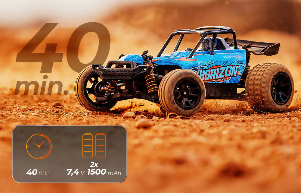 Samochód zdalnie sterowany OVERMAX X-Horizon Pomarańczowo-niebieski samochód X-HORIZON na piaszczystym terenie. Na pierwszym planie cyfry 40 min oraz panel informacyjny: czas jazdy 40 min., zasilany 2x akumulatorami 7,4V 1500 mAh.