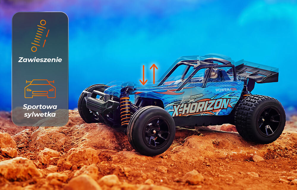 Samochód zdalnie sterowany OVERMAX X-Horizon Niebiesko-pomarańczowy samochód X-HORIZON na skalistym, nierównym terenie. Grafika sugeruje regulowane zawieszenie (strzałki w górę i w dół) oraz sportową sylwetkę modelu buggy. Ikony potwierdzają te cechy.