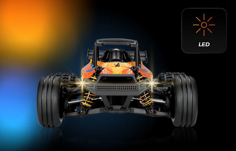 Samochód zdalnie sterowany OVERMAX X-Horizon Widok przedni samochodu X-HORIZON na czarnym tle. Wyeksponowane są jasne, świecące reflektory LED, z ikoną 
