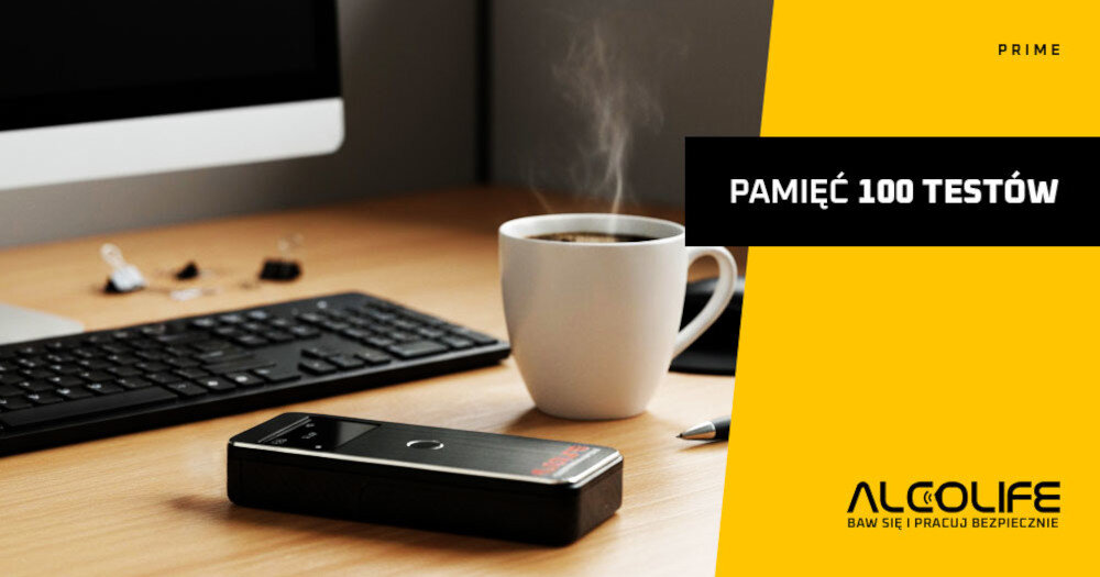 Alkomat ALCOLIFE Prime Pamięć 100 testów możliwości kontrola historia pomiary  połączenie z aplikacją Android/iOS  datę, godzinę, zdjęcie i GPS Zasilanie dwiema bateriami AAA do 700 testów