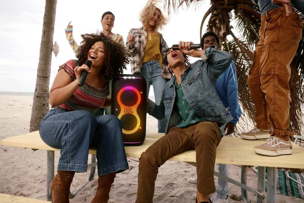 Power audio JBL Partybox Stage 320 karaoke uchwyt składanie efekty świetlne 