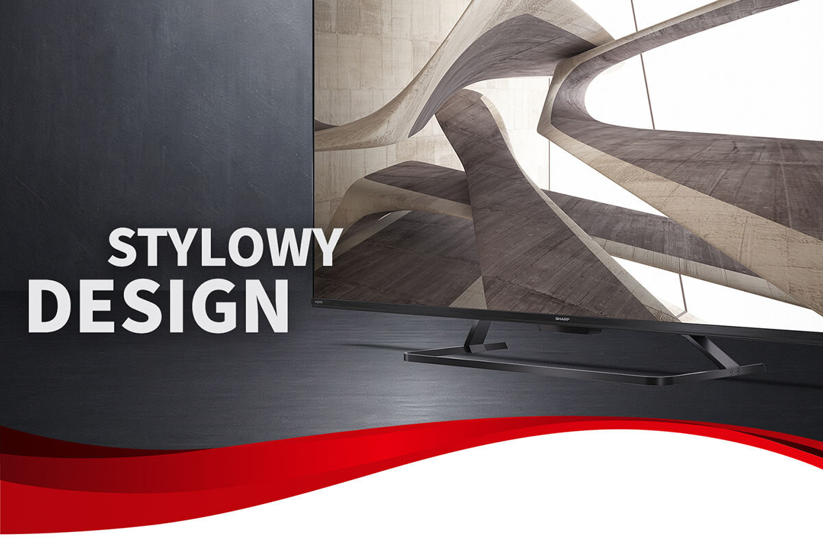 Telewizor SHARP 65HR8765E centralny stand, bezramkowa obudowa, stabilność, wrażenia wizualne, kadr telewizora stojącego pod skosem na grafitowym tle
