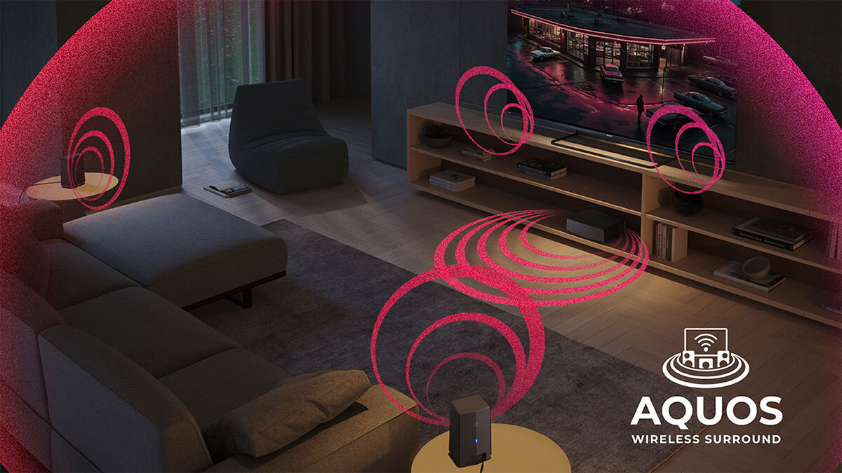 Telewizor SHARP 55HR8765E Sharp AQUOS Wireless Surround, subwoofer CP-AWS0101, tylne głośniki CP-AWS2001, kino domowe, telewizor stojący na komodzie w pomieszczeniu, głośniki umiejscowione po całym pokoju z których wydobywa się dźwięk