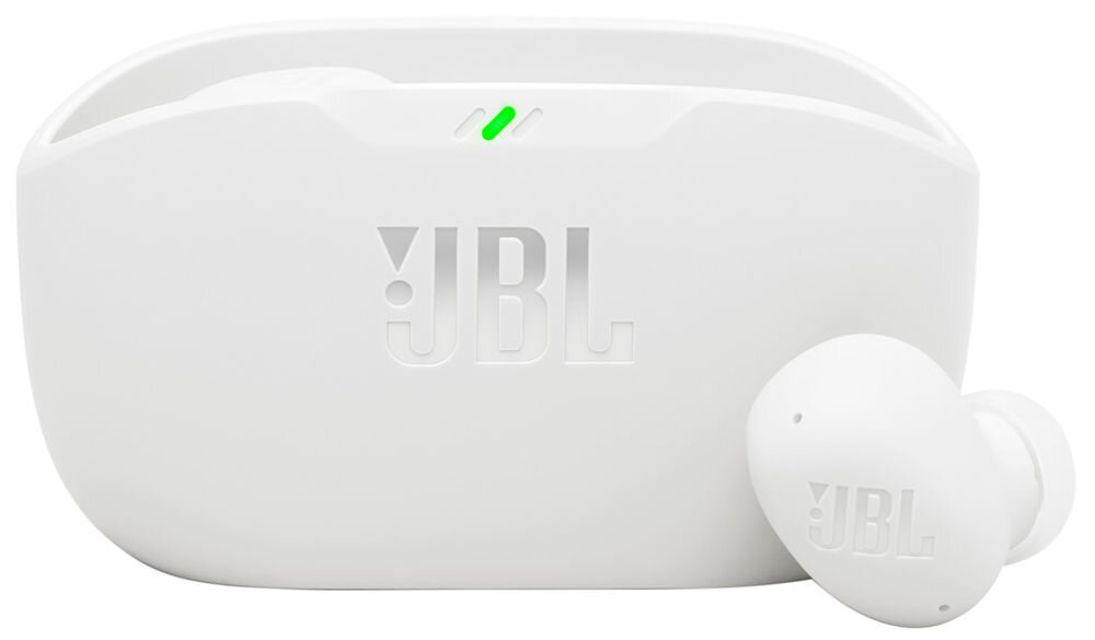 JBL Wave Buds 2 z czterema mikrofonami do wyraźnych rozmów, słuchawki dokanałowe z etui ładujacym na białym tle