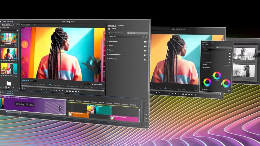 Laptop Acer Swift X wyświetla interfejs edycji wideo z narzędziami korekcji kolorów podczas tworzenia materiałów multimedialnych  