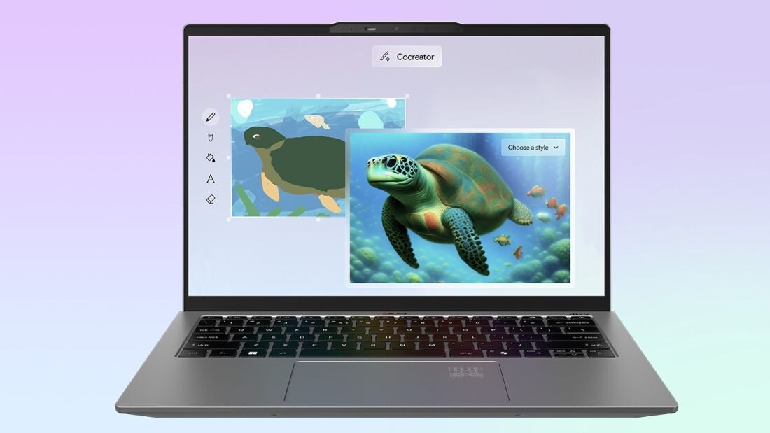 Laptop Acer Swift X z funkcją Cocreator AI generuje obraz żółwia z rysunku podczas pracy kreatywnej i projektowania graficznego 