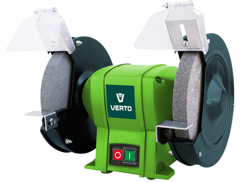Szlifierka stołowa VERTO 51G427 mocne wytrzymałe narzędzie do użytku w małych warsztatach w domowych garażach do ostrzenia narzędzi mocna solidna podstawa współpracuje z tarczą o średnicy 200 mm