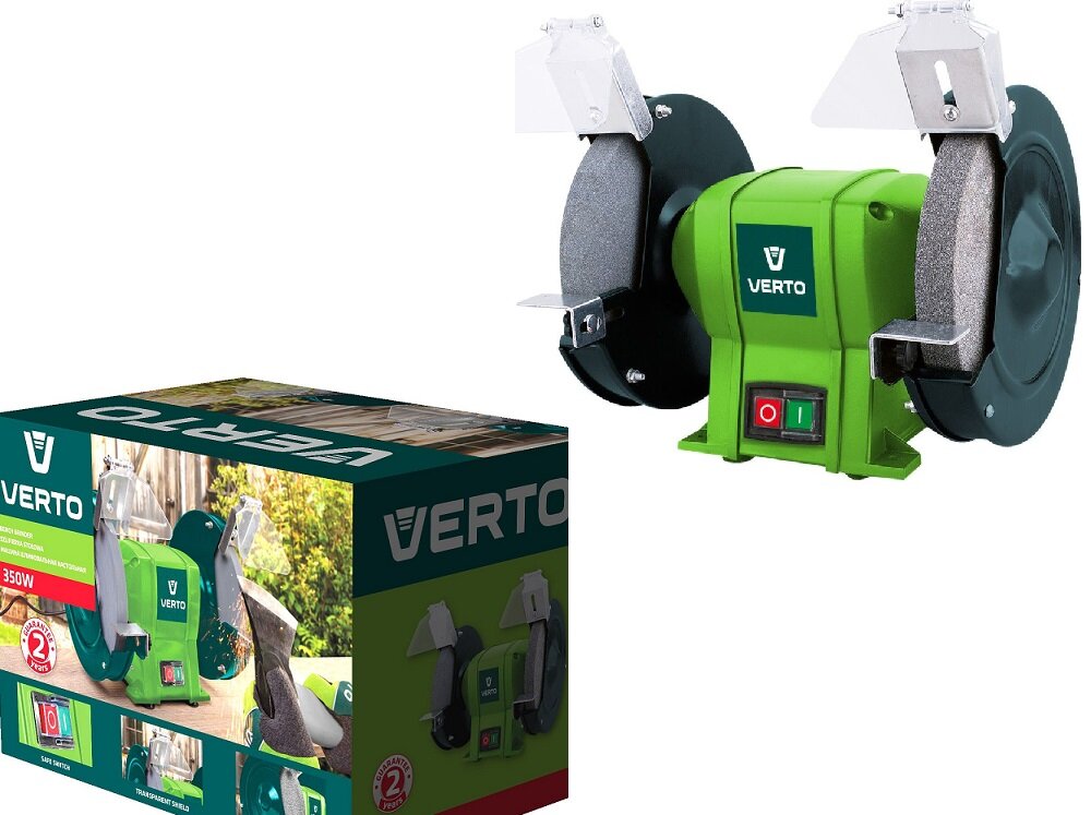 Szlifierka stołowa VERTO 51G427 w zestawie 1 tarcza szlifierska A36 1 tarcza szlifierska A60 instrukcja obsługi w języku polskim karta gwarancyjna