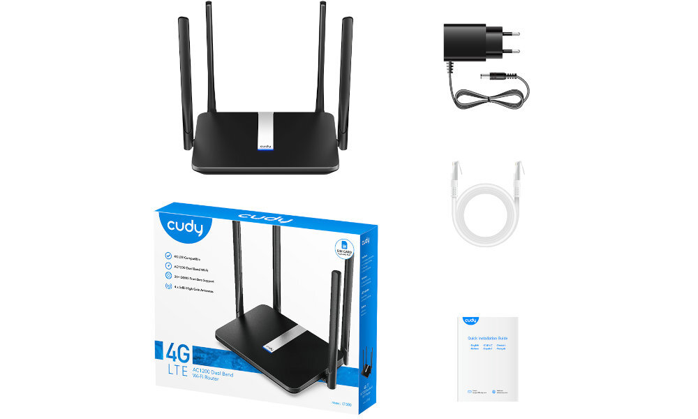 Na obrazie znajduje się router z czterema antenami, zasilacz, kabel sieciowy oraz instrukcja obsługi. Widoczne jest także opakowanie z napisem \'cudy 4G LTE AC1200 Dual Band Wi-Fi Router\'.
