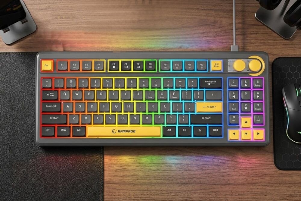 Na drewnianym biurku znajduje się klawiatura z podświetleniem RGB, z widocznym logo \'RAMPAGE\' na spacji. Obok klawiatury leży myszka na podkładce.