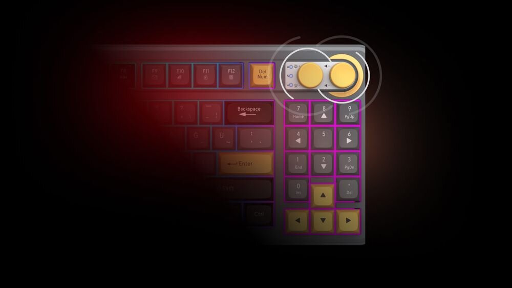 Obraz przedstawia fragment klawiatury z podświetleniem, widoczne są klawisze numeryczne oraz dwa okrągłe pokrętła. Klawisze mają różne kolory, a niektóre z nich są oznaczone tekstem, takim jak \'Del Num\' i \'Backspace\'.