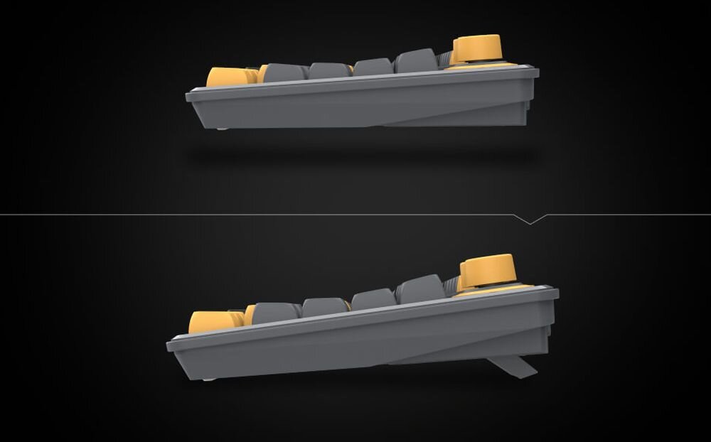 Obraz przedstawia boczny widok klawiatury z szarymi i żółtymi klawiszami, pokazany w dwóch różnych kątach nachylenia. Klawiatura ma regulowane nóżki, które umożliwiają zmianę kąta nachylenia.