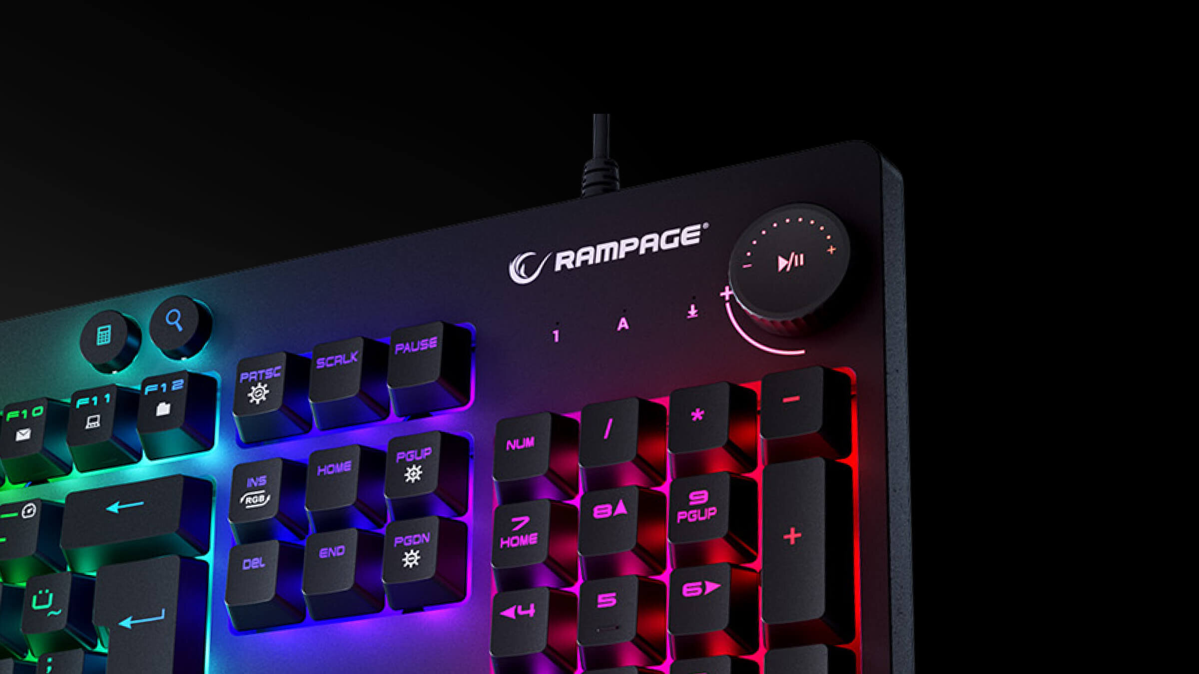 RAMPAGE KB-GX65 Simula RGB Cztery programowalne klawisze makro przypisać własne sekwencje podświetlenie RGB siedmioma trybami - zbliżenie na pokretło i podświetlenie