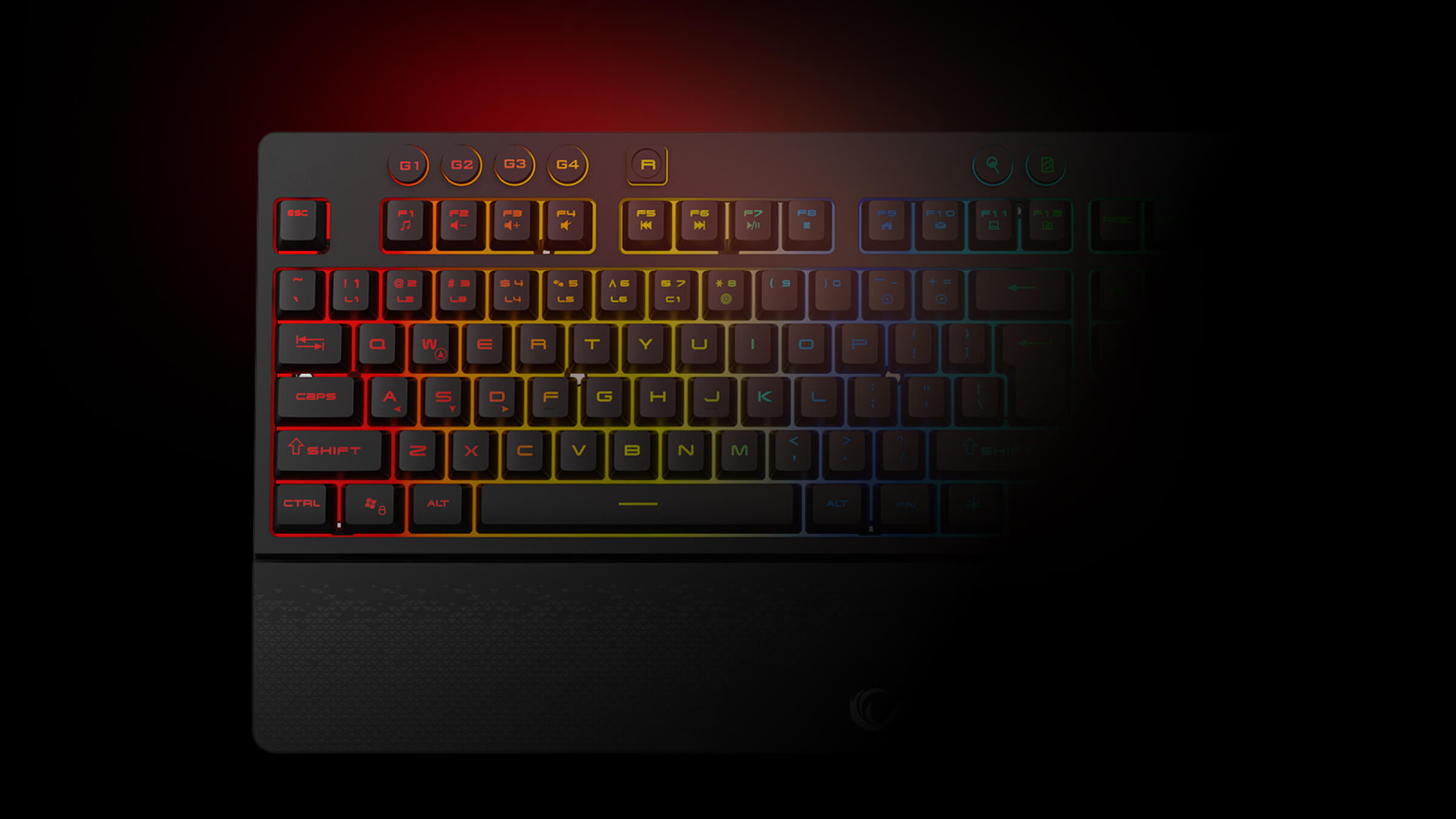 RAMPAGE KB-GX65 Simula RGB Anti-Ghosting 26 klawiszy Membranowe przełączniki płynny skok wytrzymałość do 10 milionów naciśnięć - przycieniona klawiatura od góry z podświetleniem