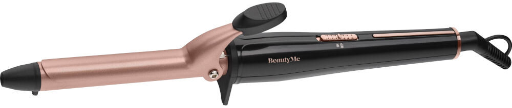 Lokówka w kolorze czarno-różowym z napisem \'BeautyMe\' na uchwycie. Posiada długi, cylindryczny element grzewczy oraz uchwyt z przyciskiem.