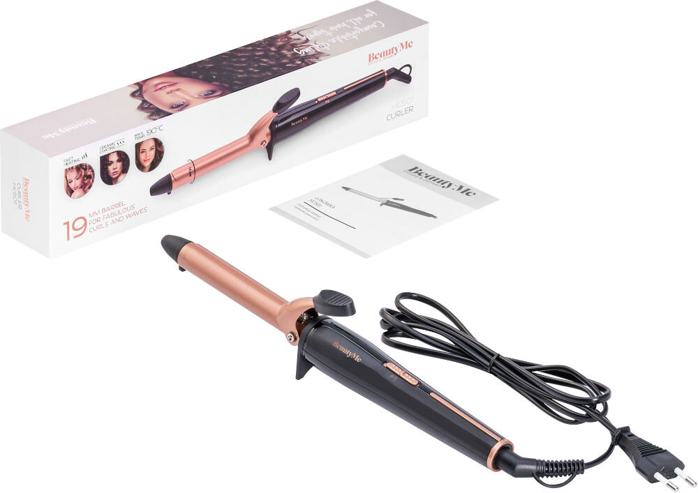 Na obrazie znajduje się lokówka w kolorze czarno-miedzianym z napisem \'BeautyMe\' oraz pudełko z grafiką lokówki i tekstem \'19 mm barrel for fabulous curls and waves\'. Obok leży instrukcja obsługi z napisem \'BeautyMe\'.