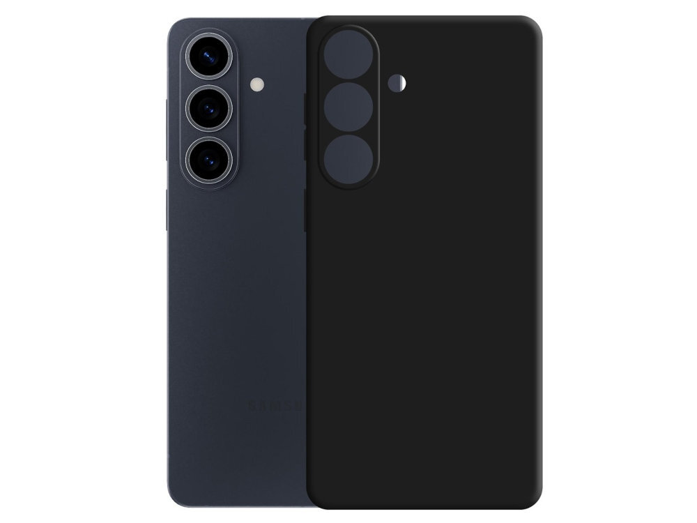 Na obrazie widoczny jest czarny telefon z trzema obiektywami aparatu oraz czarne etui z wycięciami na obiektywy i lampę błyskową. Etui jest matowe i dopasowane do kształtu telefonu.