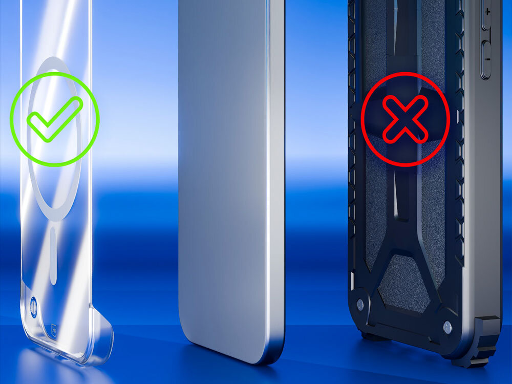 3MK Just20g MagCase Just20g MagCase™ 20 gram bezramkową, minimalistyczną konstrukcją test Military Grade Certyfikat Just20g MagCase™ - cienkie etui z znaczkiem zatwierdzenia, obok masywne etui z znaczkiem zaprzeczenia