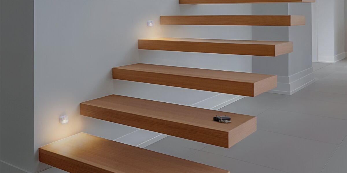 Zestaw lampek nocnych HAMA Cozy z czujnikiem ruchu i zmierzchu (3 szt.) Dwie bezprzewodowe lampki LED Hama z czujnikiem ruchu zamontowane na ścianie, oświetlające stopnie nowoczesnych drewnianych schodów.