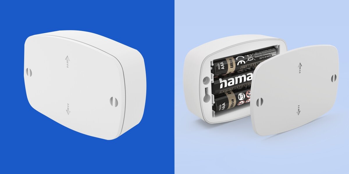 Zestaw lampek nocnych HAMA Cozy z czujnikiem ruchu i zmierzchu (3 szt.) Widok tyłu lampki Hama z otwartą klapką, pokazujący gniazda na 3 baterie AAA oraz otwory montażowe do zawieszenia na ścianie.