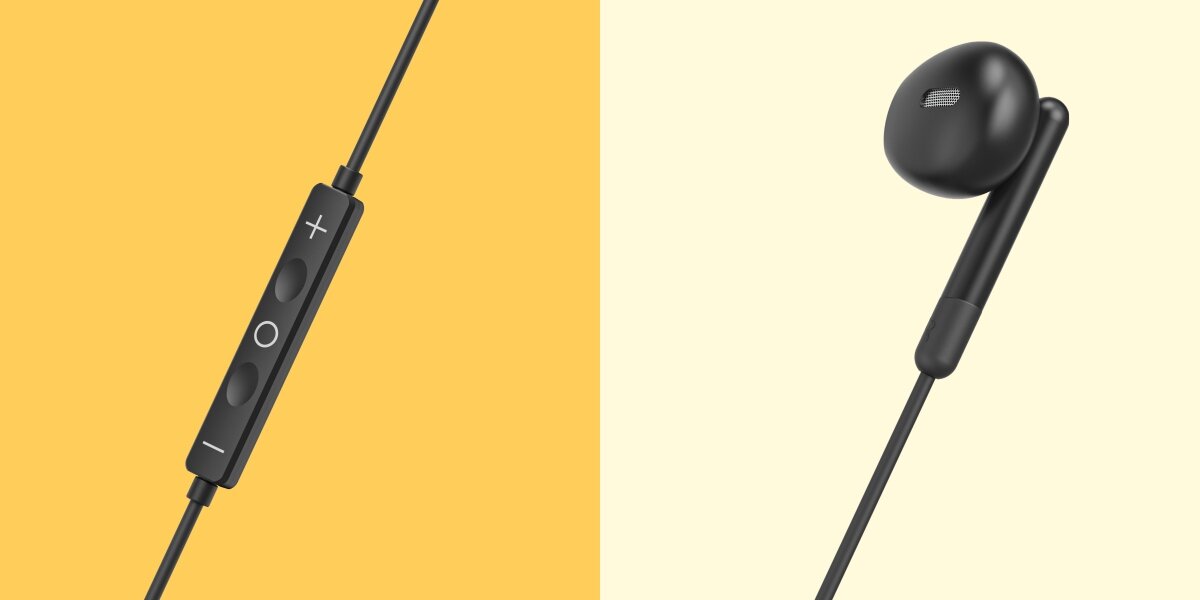 Słuchawki douszne HAMA Noble Czarny Zbliżenie na pilot słuchawek Hama z przyciskami regulacji głośności oraz pojedynczą słuchawkę douszną.