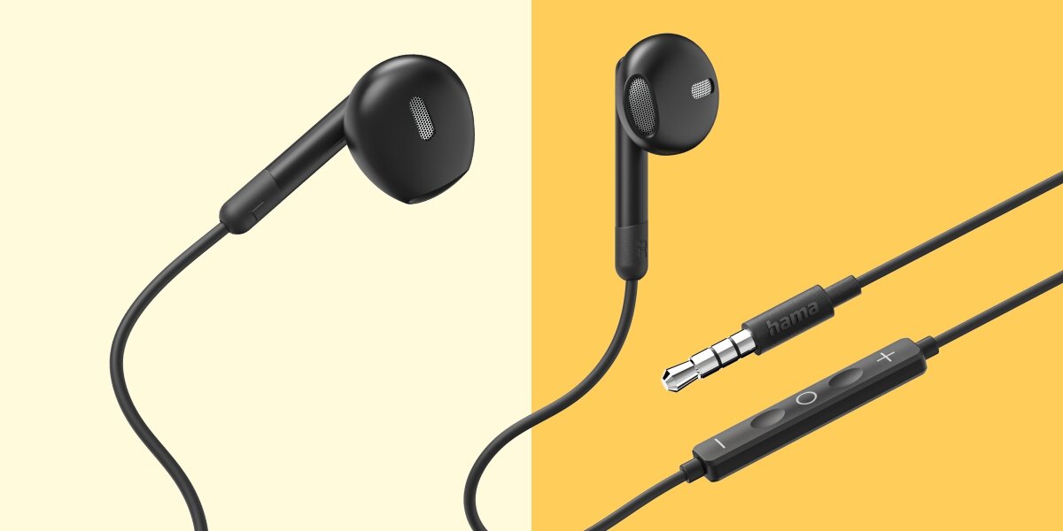 Słuchawki douszne HAMA Noble Czarny Zestawienie elementów słuchawek Hama: profil douszny, pilot z mikrofonem oraz pozłacany wtyk jack.