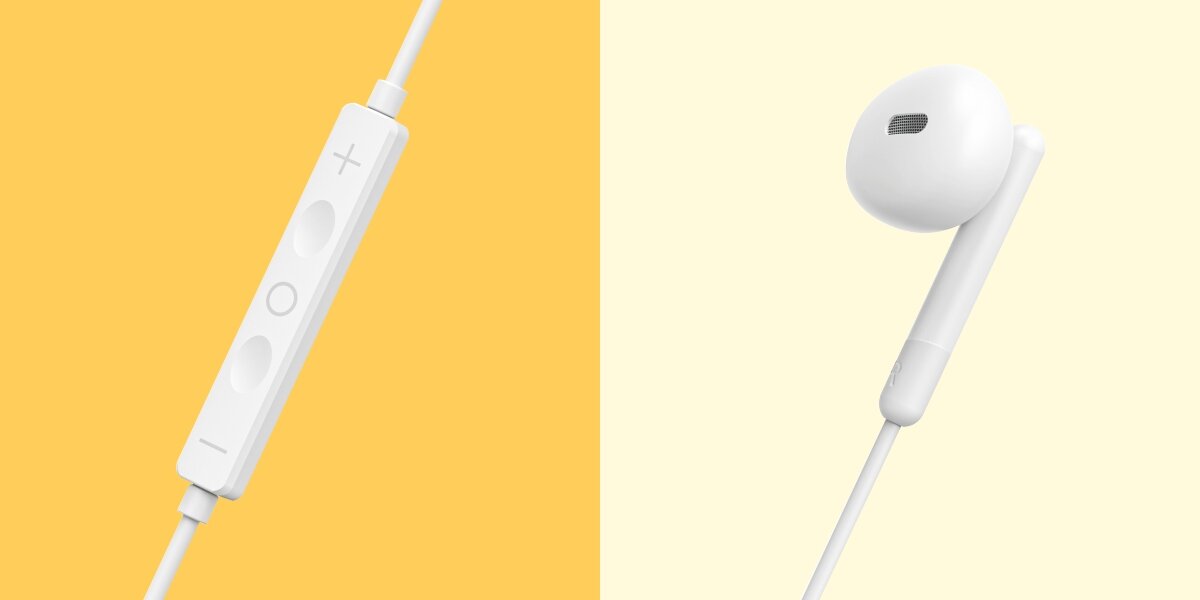 Słuchawki douszne HAMA Noble Biały Zbliżenie na pilot słuchawek Hama z przyciskami regulacji głośności oraz pojedynczą słuchawkę douszną.