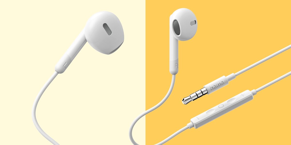 Słuchawki douszne HAMA Noble Biały Zestawienie elementów słuchawek Hama: profil douszny, pilot z mikrofonem oraz pozłacany wtyk jack.