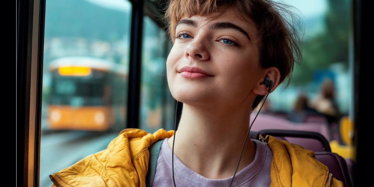 Młoda kobieta w żółtej kurtce, słuchająca muzyki przez czarne słuchawki douszne Hama (z wtyczką jack 3,5 mm), siedząc w autobusie. Kobieta ma zrelaksowany wyraz twarzy, w tle widać ulicę i inny autobus.