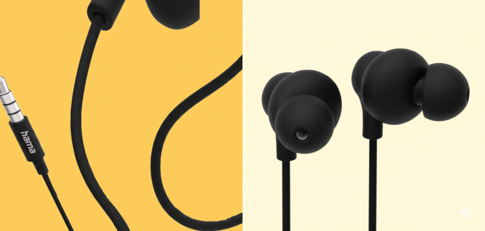 Zbliżenie na czarne słuchawki douszne Hama z wtyczką jack 3,5 mm. Po lewej wtyk jack 3,5 mm (4-polowy) z logo Hama, a po prawej obie końcówki douszne z widocznymi otworami akustycznymi.