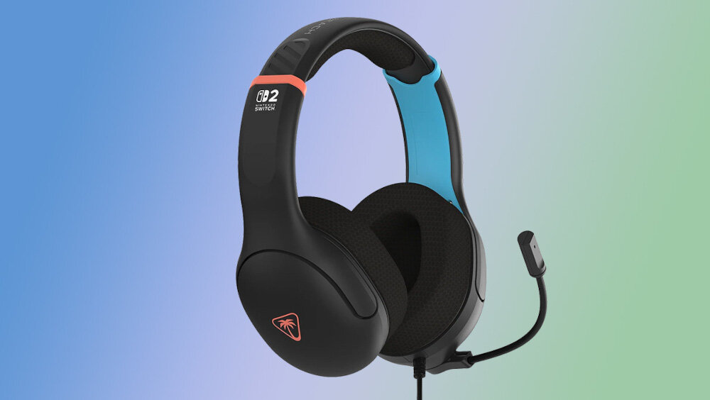 Słuchawki TURTLE BEACH Airlite Fit Nintendo Switch 2 komfort długie sesje ergonomia, słuchawki po skosie na niebiesko zielonym tle