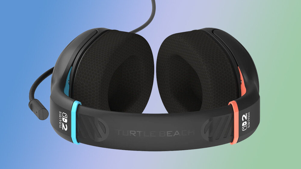 Słuchawki TURTLE BEACH Airlite Fit Nintendo Switch 2 mikrofon redukcja szumów flip to mute, słuchawki od góry na niebiesko zielonym tle