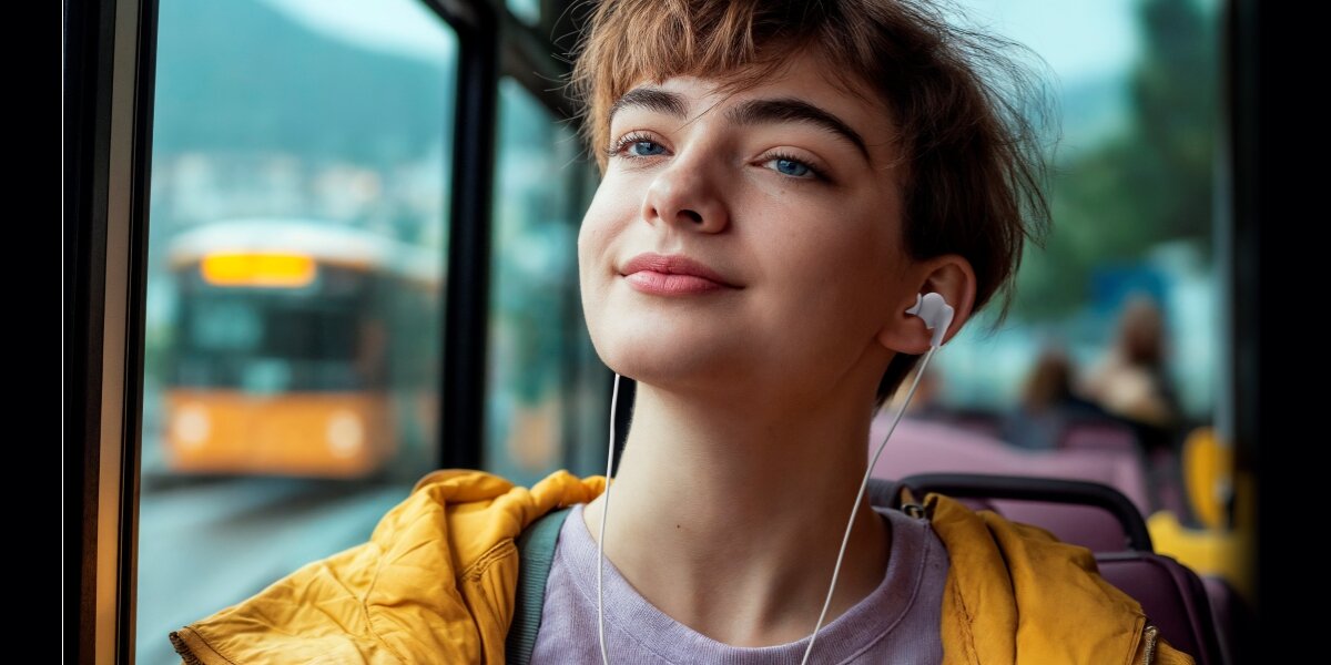Młoda kobieta w żółtej kurtce, słuchająca muzyki przez białe słuchawki douszne Hama (z wtyczką jack 3,5 mm), siedząc w autobusie. Kobieta ma zrelaksowany wyraz twarzy, w tle widać ulicę i inny autobus.
