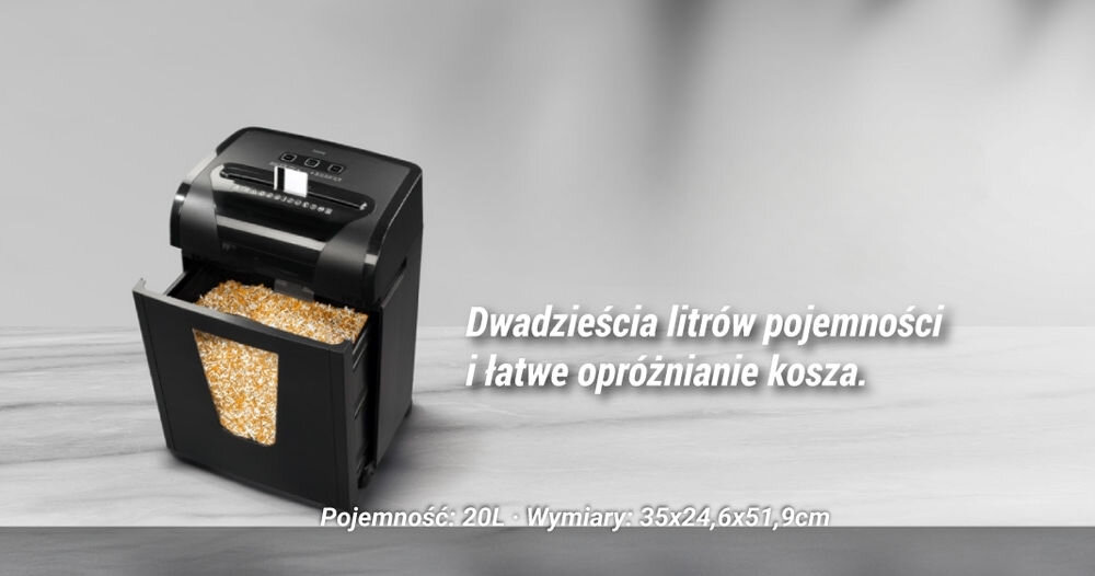 Niszczarka HAMA Prime M100 Shredder P-5, Ścinki, Automatyczny Start/Stop, Funkcja cofania prezentacja niszczarki na szarym tle napis dwadzieścia litrów pojemności i łatwe opróżnianie kosza na dole pojemność oraz wymiary pojemność kosza okienko podglądu wysuwany kosz wydajność do 10 kartek A4 biuro dom