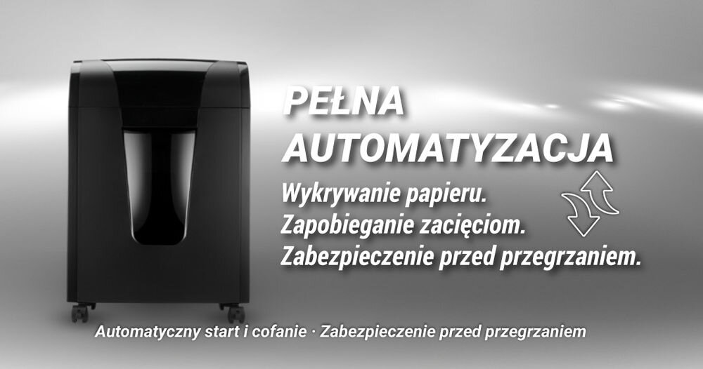 Niszczarka HAMA Prime M100 Shredder P-5, Ścinki, Automatyczny Start/Stop, Funkcja cofania niszczarka na szarym tle napis pełna automatyzacja wypisane cechy zabezpieczenie przed przegrzaniem funkcja cofania reverse ochrona komfort bezpieczeństwo