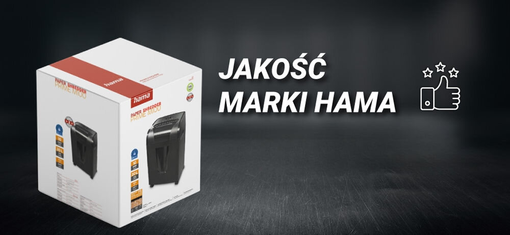 Niszczarka HAMA Prime M100 Shredder P-5, Ścinki, Automatyczny Start/Stop, Funkcja cofania Pudełko niszczarki z tekstem 'JAKOŚĆ MARKI HAMA' i ikoną kciuka w górę bezpieczeństwo wygoda trwałość cicha praca