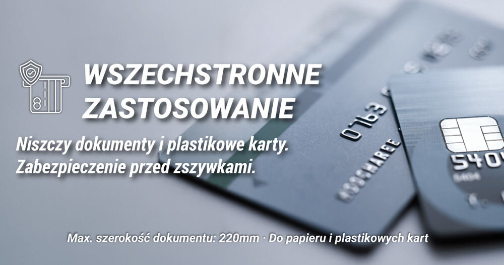Niszczarka HAMA Safe X50 Shredder P-4, Ścinki, Automatyczny Start/Stop, Funkcja cofania napis wszechstronne zastosowanie wypisane rzeczy które niszczy max szerokość dokumentu w tle karty płatnicze niszczenie papieru plastikowych kart stalowe ostrza odporne na zszywki spinacze wygodne niszczenie szerokość dokumentu A4 komfort codziennej pracy