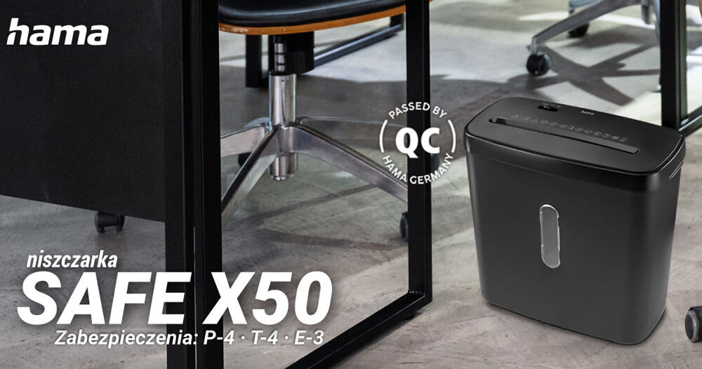 Niszczarka HAMA Safe X50 Shredder P-4, Ścinki, Automatyczny Start/Stop, Funkcja cofania niszczarka postawiona przy biurku w biurze napis z modelem i marką z dopisem zabezpieczeń