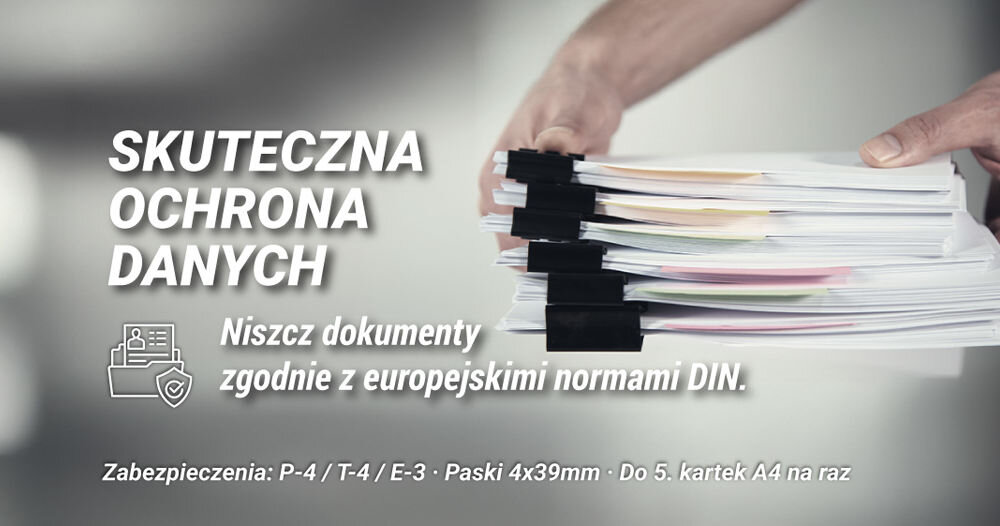 Niszczarka HAMA Safe X50 Shredder P-4, Ścinki, Automatyczny Start/Stop, Funkcja cofania napis skuteczna ochrona danych niszcz dokumenty zgodnie z europejskimi normami DIN w tle stosy dokumentów trzymane w dłoniach RODO klasa bezpieczeństwa ochrona poufnych informacji europejskie normy skuteczne niszczenie paski wymiary do 5 arkuszy A4