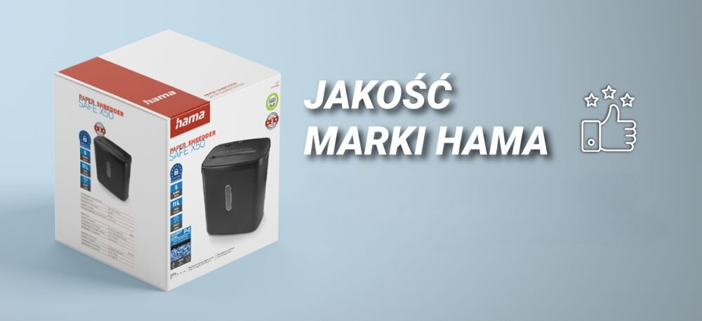 Niszczarka HAMA Safe X50 Shredder P-4, Ścinki, Automatyczny Start/Stop, Funkcja cofania Pudełko niszczarki z tekstem 'JAKOŚĆ MARKI HAMA' i ikoną kciuka w górę bezpieczeństwo wygoda trwałość cicha praca