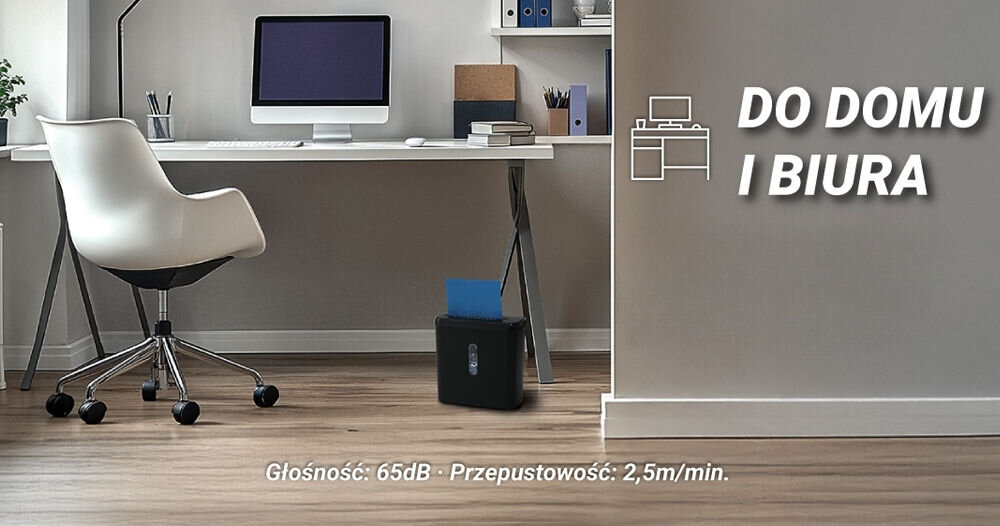 Niszczarka HAMA Safe X50 Shredder P-4, Ścinki, Automatyczny Start/Stop, Funkcja cofania prezentacja niszczarki w jasnym gabinecie obok napis na brązowej ścianie do domu i biura na dole głośność i przepustowość wydajność porządek bezpieczeństwo danych wygoda pracy biuro dom