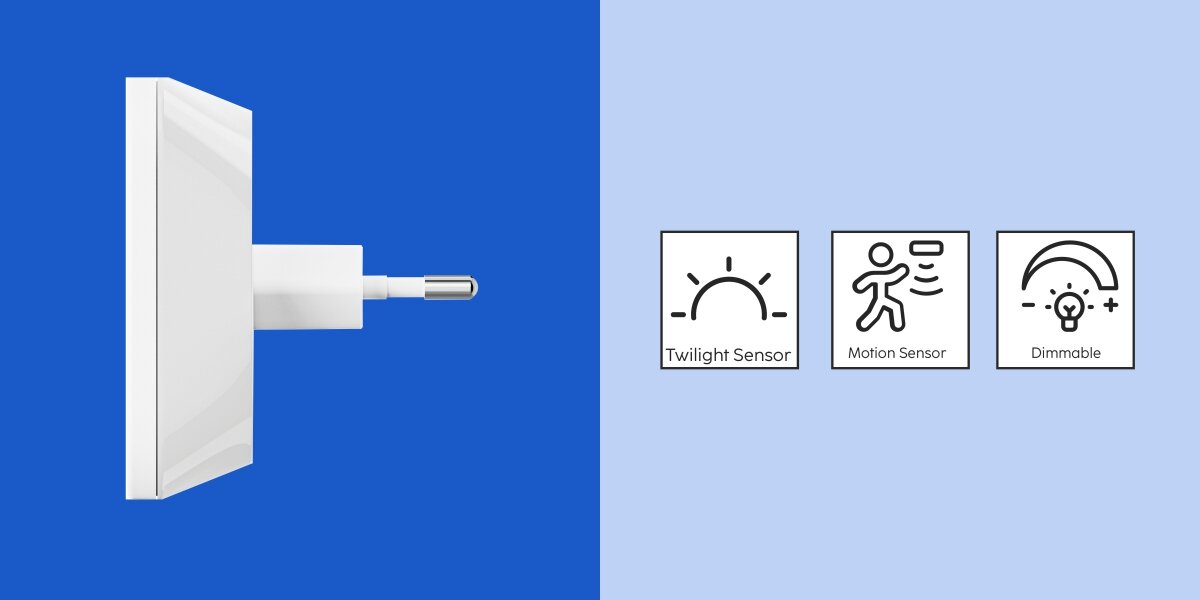Lampka nocna HAMA Cozy z czujnikiem ruchu i zmierzchu Biała lampka nocna do kontaktu widok z boku oraz ikony funkcji: czujnik zmierzchu, czujnik ruchu i możliwość ściemniania światła.