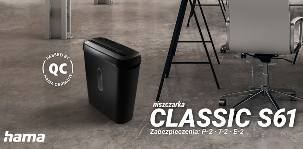 Niszczarka HAMA Classic S61 Shredder P-2, Paski, Automatyczny Start/Stop, Funkcja cofania Niszczarka Hama Classic S61 w biurze z logo Hama i QC oraz tekstem 'Zabezpieczenia: P-2, T-2, E-2