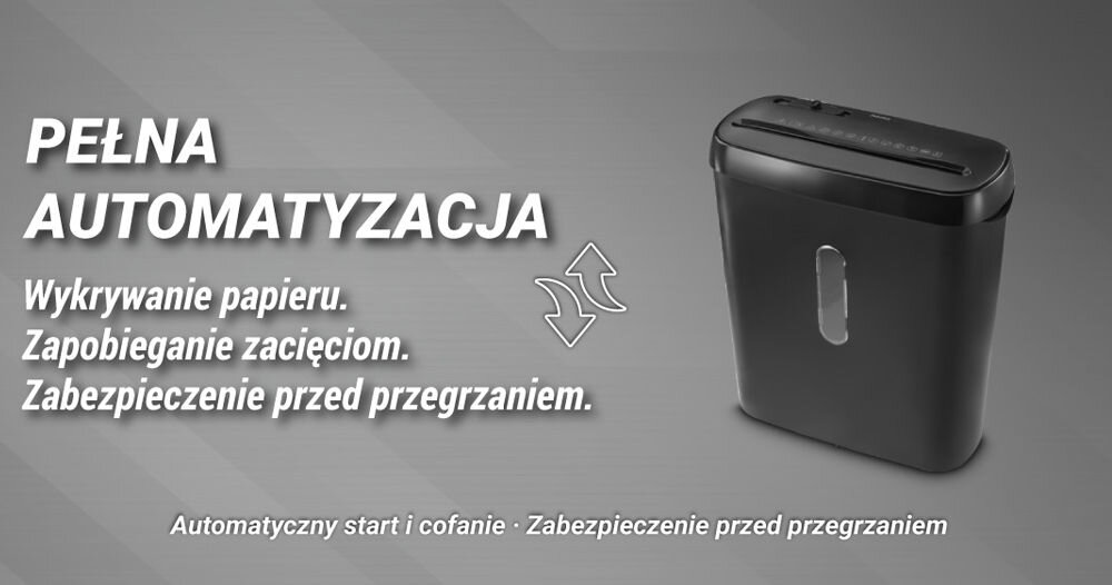 Niszczarka HAMA Classic S61 Shredder P-2, Paski, Automatyczny Start/Stop, Funkcja cofania Niszczarka Hama Classic S61 z tekstem 'PEŁNA AUTOMATYZACJA. Wykrywanie papieru. Zapobieganie zacięciom. Zabezpieczenie przed przegrzaniem' automatyczny start i zatrzymanie rewers zabezpieczenie przed przegrzaniem przejrzysta i bezpieczna praca
