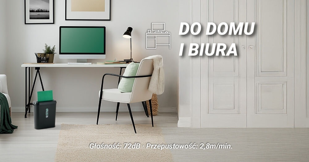 Niszczarka HAMA Classic S61 Shredder P-2, Paski, Automatyczny Start/Stop, Funkcja cofania Niszczarka Hama Classic S61 w środowisku domowego biura, z tekstem DO DOMU I BIURA. Głośność: 72dB - Przepustowość: 2,8m/min dom małe biuro prędkość hałas cicha wydajna praca komfort