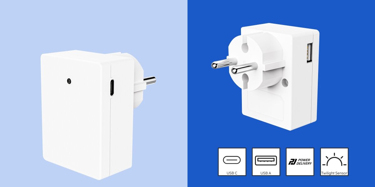 Lampka nocna HAMA 223506 z czujnikiem zmierzchu Ładowarka ścienna i lampka nocna Hama z portami USB-C oraz USB-A, wyposażona w funkcję Power Delivery i czujnik zmierzchu.